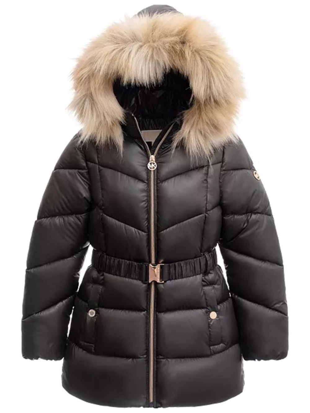 Michael Kors Black Puffer Coat with Tan Faux Fur Trim